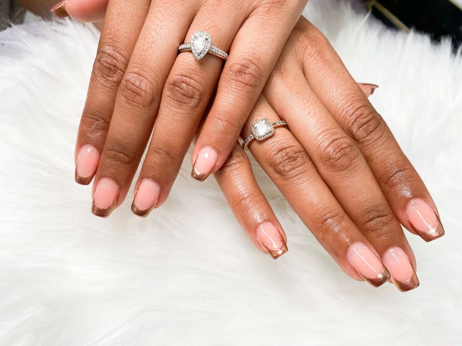 Nude pink square gel set with a soft glossy finish by TLC Nails and Esthetics in Nottingham, MD